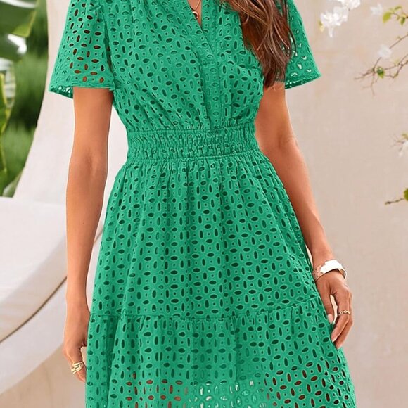 2025 Women Summer Short Dress V Neck Short Sleeve A Line Hollow Out Lace Ruffle - Picture 5 of 8